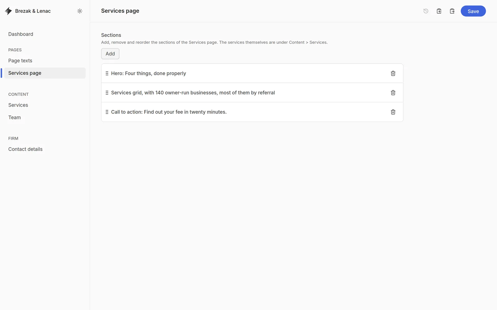 Keystatic editor, the Services page as a list of sections that can be added, removed and dragged into a new order