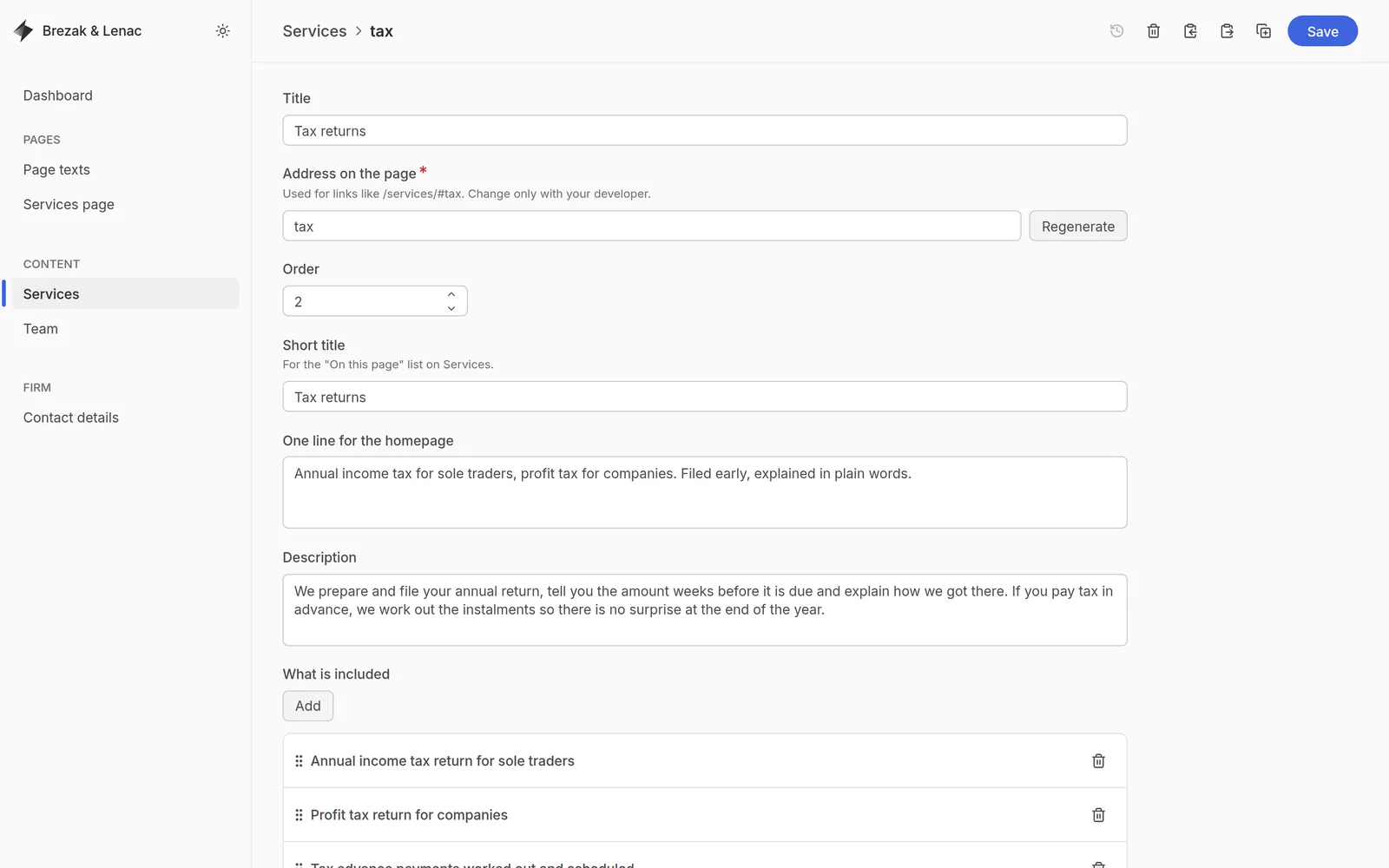 Keystatic editor, one service with its title, homepage line, description and what is included