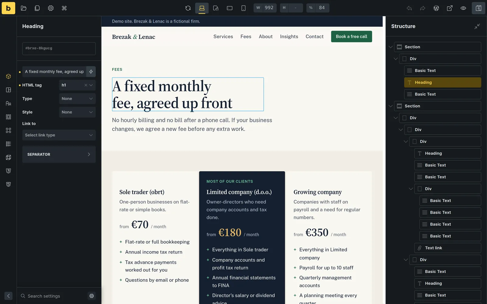 The Bricks builder with the Fees page open and the main headline selected for editing