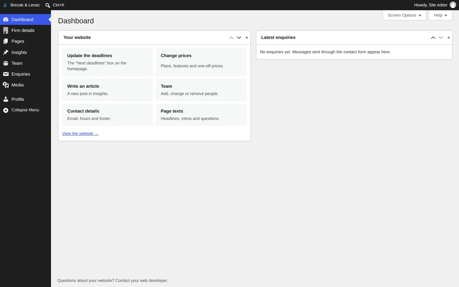 WordPress dashboard with six shortcuts and a Latest enquiries box