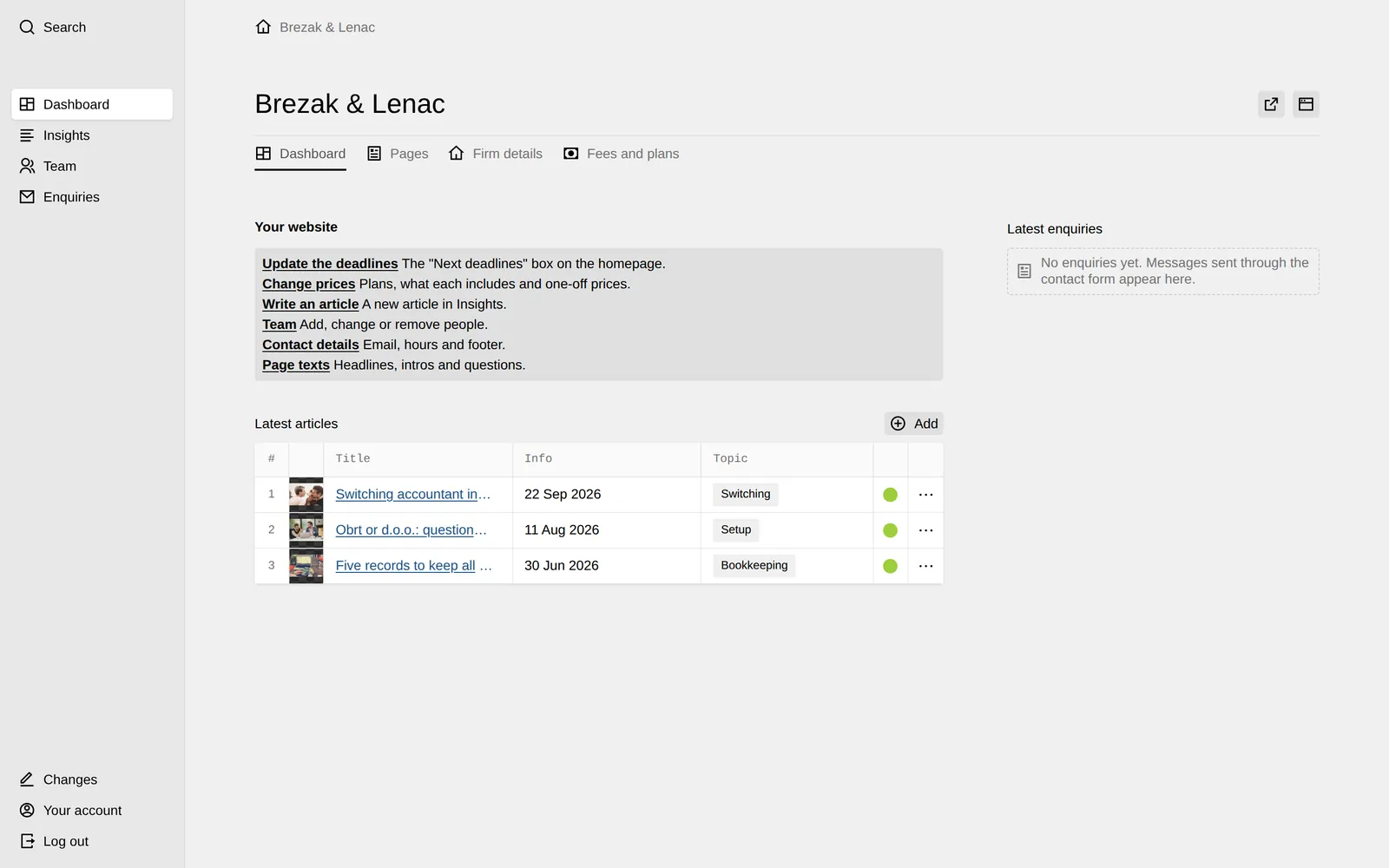 Kirby panel dashboard with shortcuts, the latest articles and latest enquiries