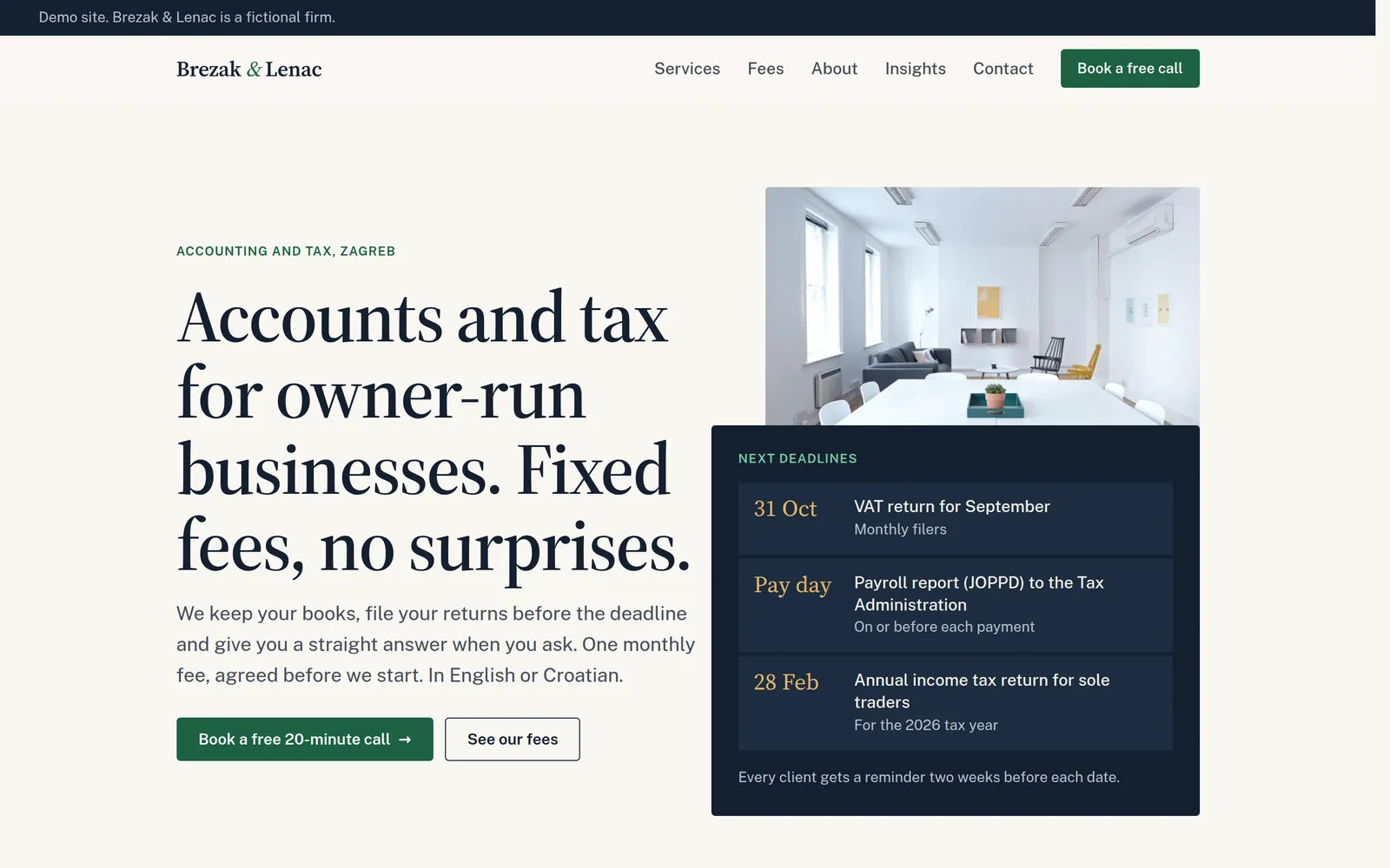 The Brezak and Lenac homepage: headline, a photo of a meeting room and a box with the next tax deadlines