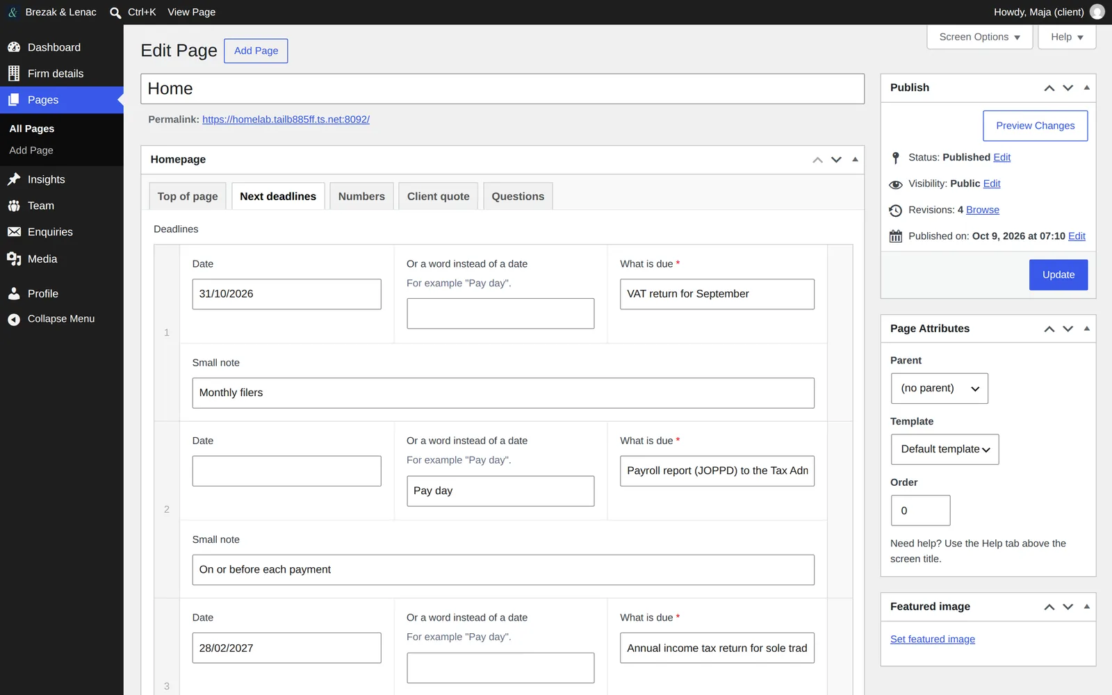 WordPress admin, the homepage with its Next deadlines tab: a date, a word instead of a date, and what is due