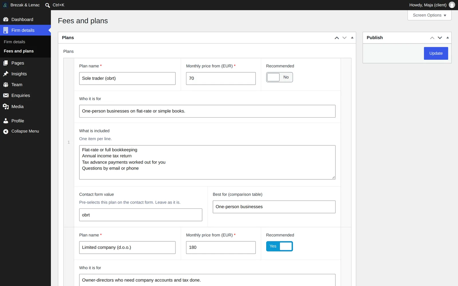 WordPress admin, Fees and plans: plan name, monthly price, a Recommended switch and what is included