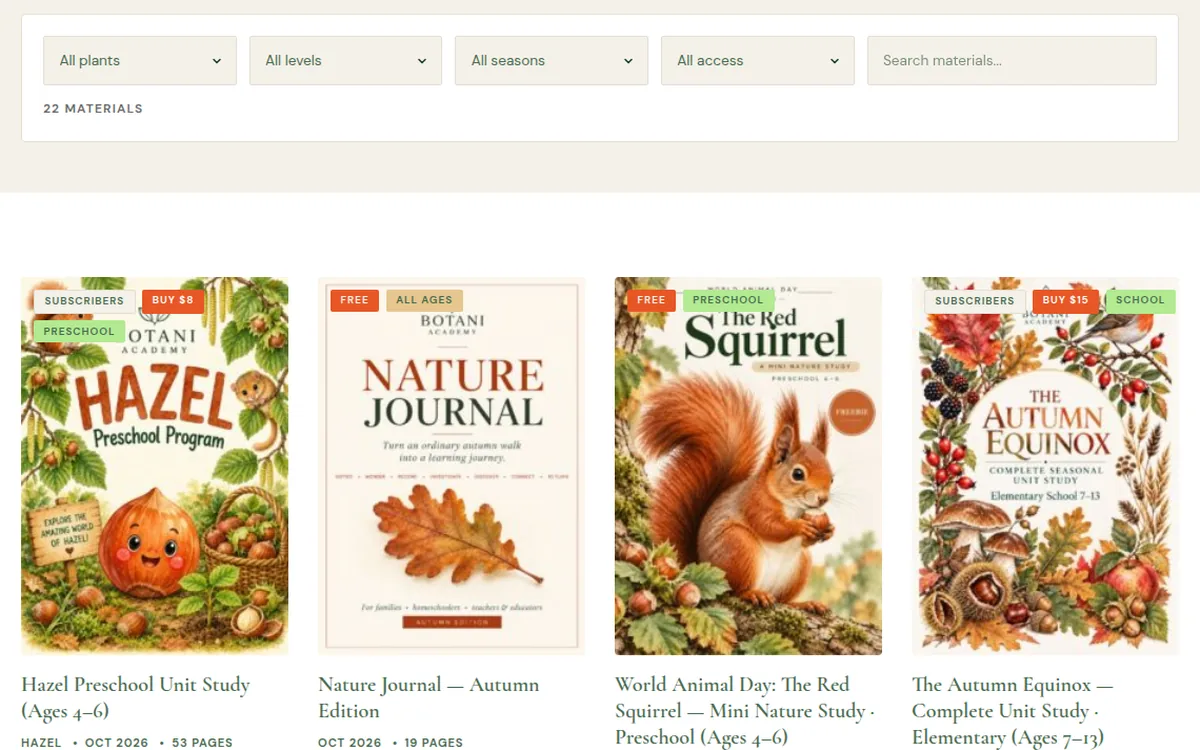 Botani Academy website, the materials library: filters and illustrated plant programs, some free, some for subscribers