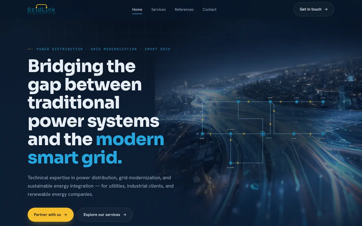 GridLink Engineering website, home page: headline about power systems and the smart grid