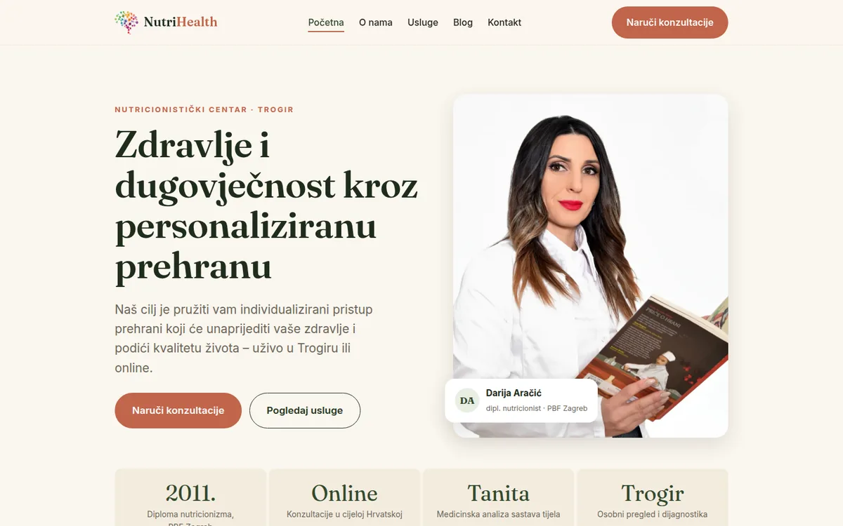NutriHealth website, home page: headline, a portrait of the nutritionist and four short facts
